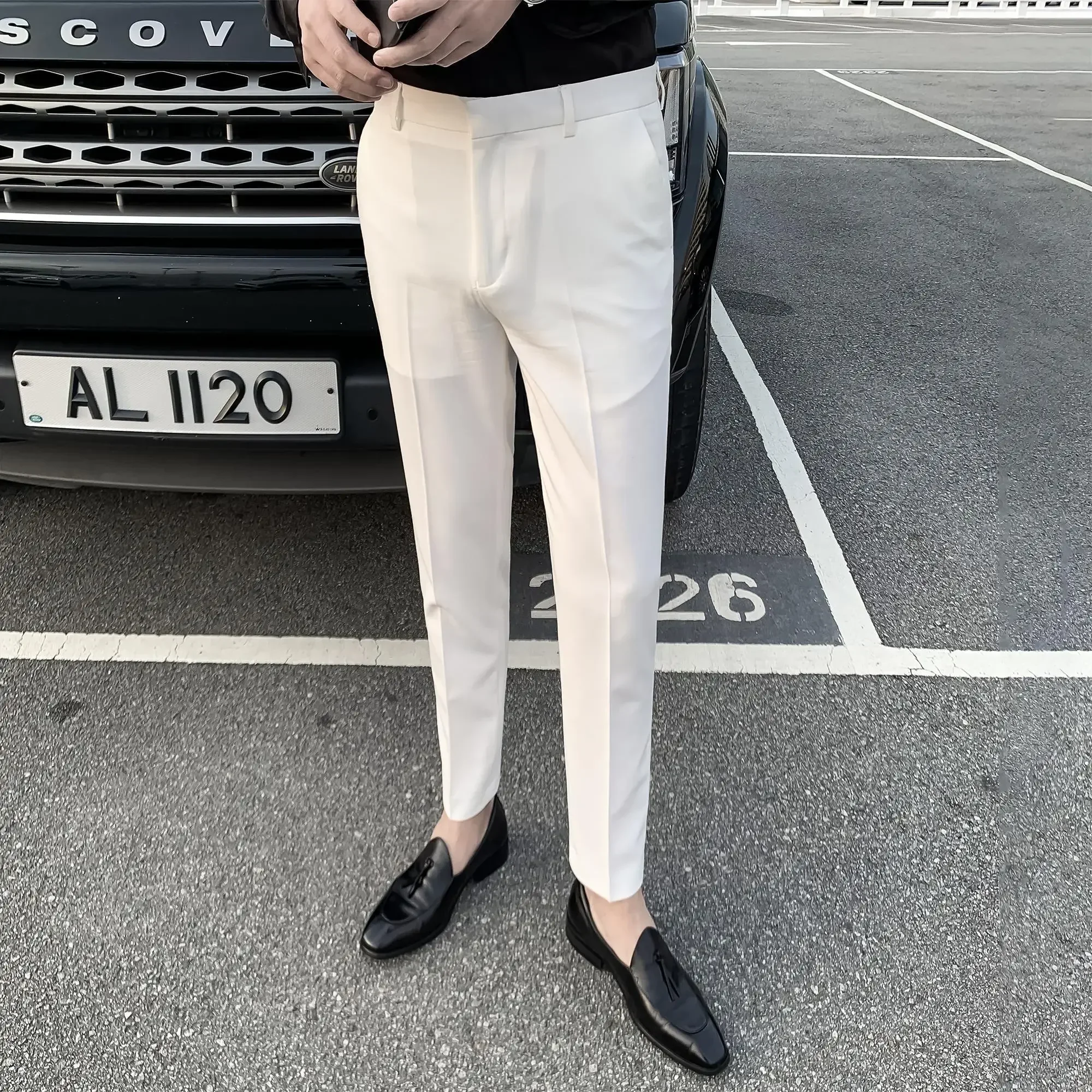 Tressed Male Suit Trousers White Slim Fit Men\'s Summer Pants Straight 2024 Spandex Formal Work Wear New in Fabric Elegant Luxury