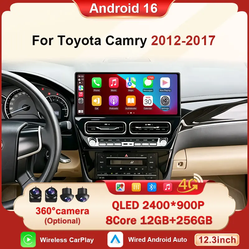 12.3 inch Android 16 Car Radio Wireless Carplay Auto For Toyota Camry 2012-2017 BT Multimedia Navigation Video Player GPS Stereo