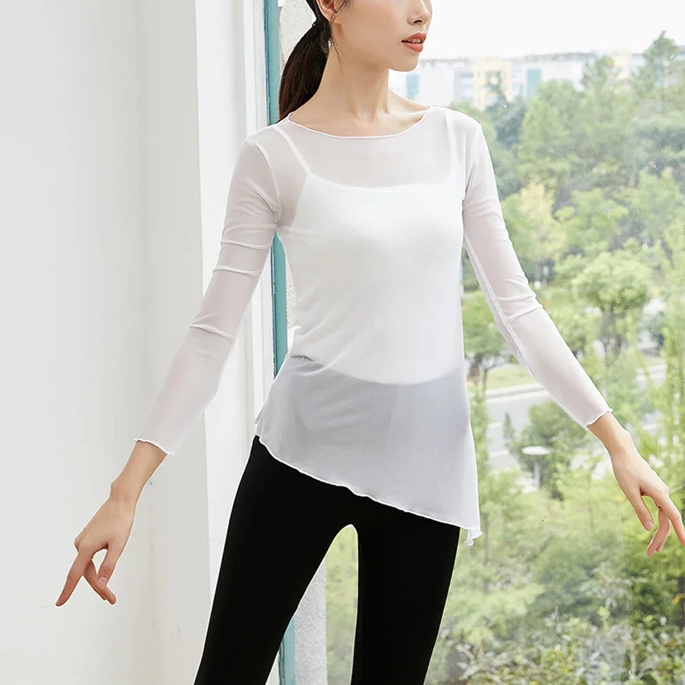 Sexy Wavy Neck Long Sleeve Dance T shirt  Women S-XL Slim Sky Purple White Black Modern Dance Practice Shirts Tees X-G-Xinde