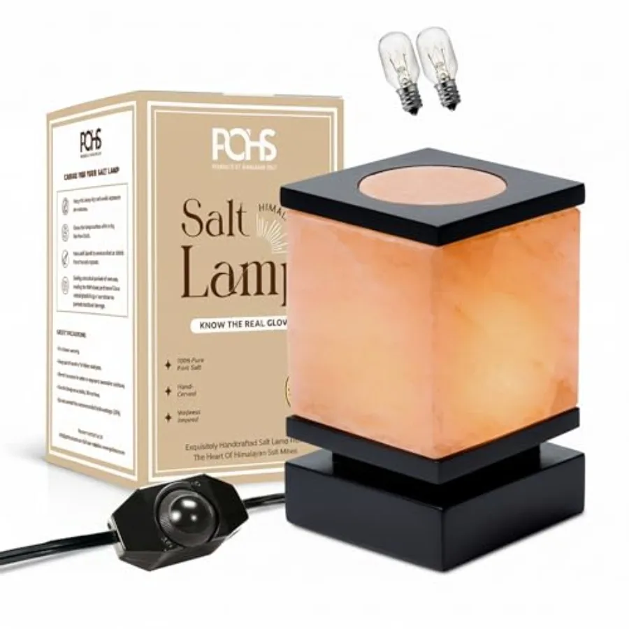 

100% Authentic Himalayan Pink Salt Cube Lamp with Black Wooden Base, Dimmer Switch Cord and Two Bulbs, Night Light for Home and