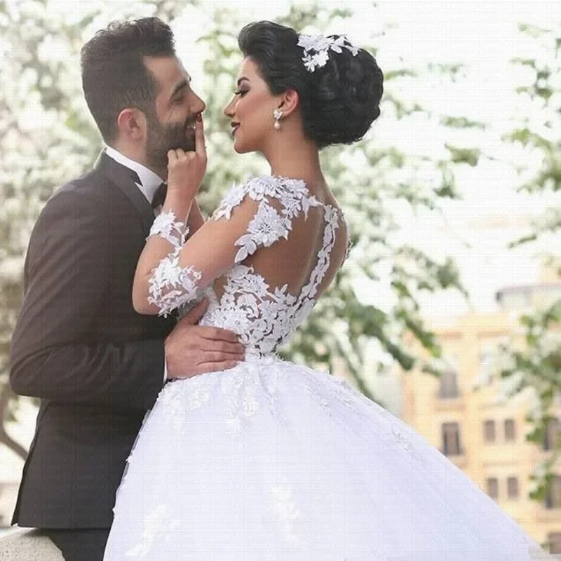 Maßgeschneiderte schiere Hals-Spitze-Applikationen A-Linie Brautkleider Plus Size Brautkleider Dubai Naher Osten Brautkleider Saudi-Arabien