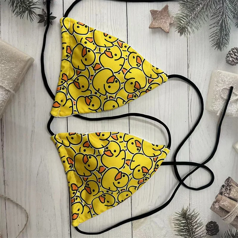 Funny little yellow duck print bikini suit women\'s swimwear new sexy swimwear lace-up bikini panties backless swimsuit Biquini