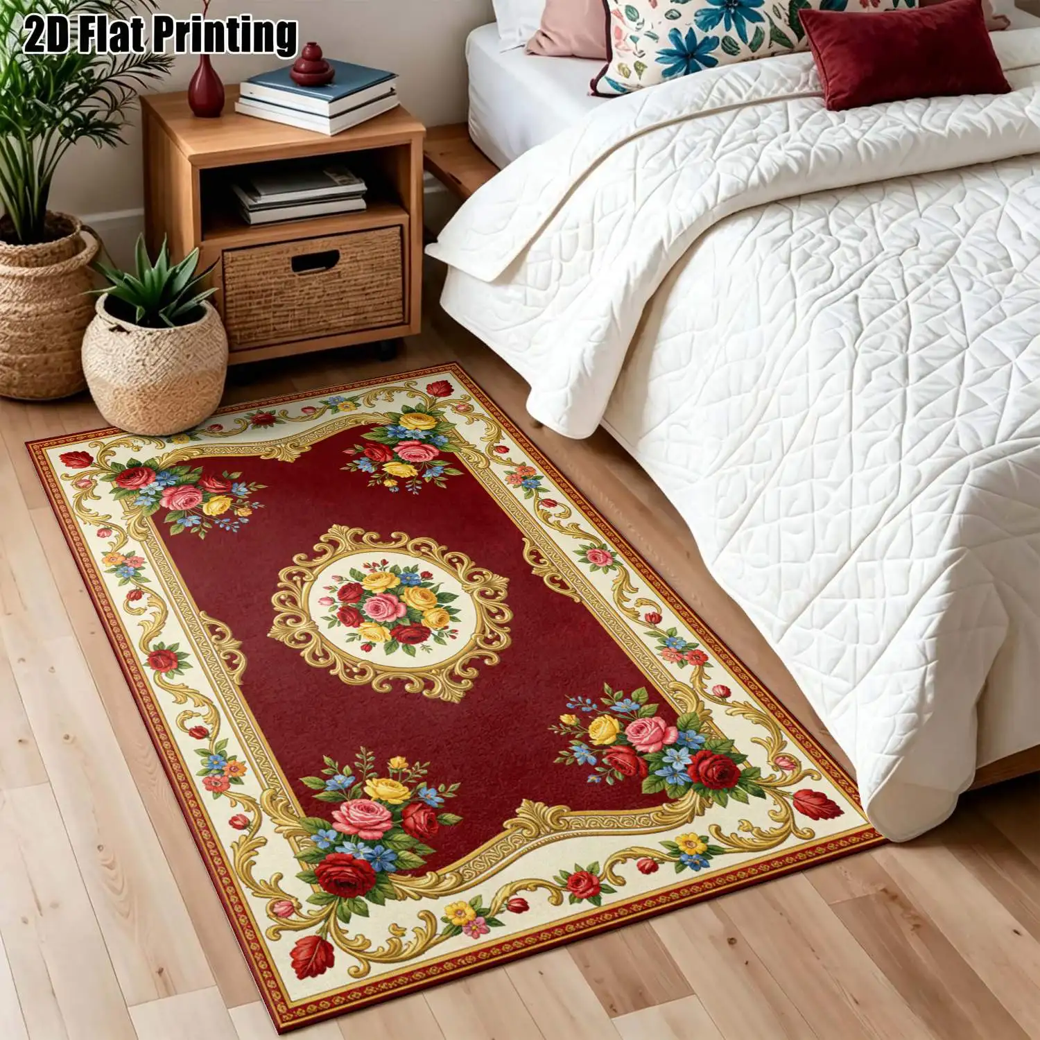 1Pc 2D Printed Carpet: Red-Bottom Floral, European Retro, Multi-Size Washable Rug for Home Decor, Multi-Scene Use