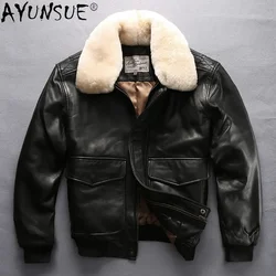AYUNSUE Mens Leather Jackets Short Genuine Leather Jacket Men New Winter Flight Suit Wool Fur Collar Sobretudo Masculino SGG971