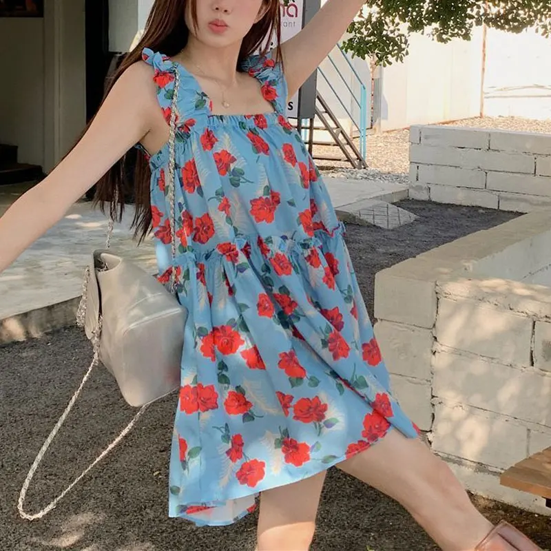 Vintage Broken Flowers Slip Dresses Female Clothing Hotsweet Printed Summer Fashion Edible Tree Fungus Casual Spliced Mini Dress