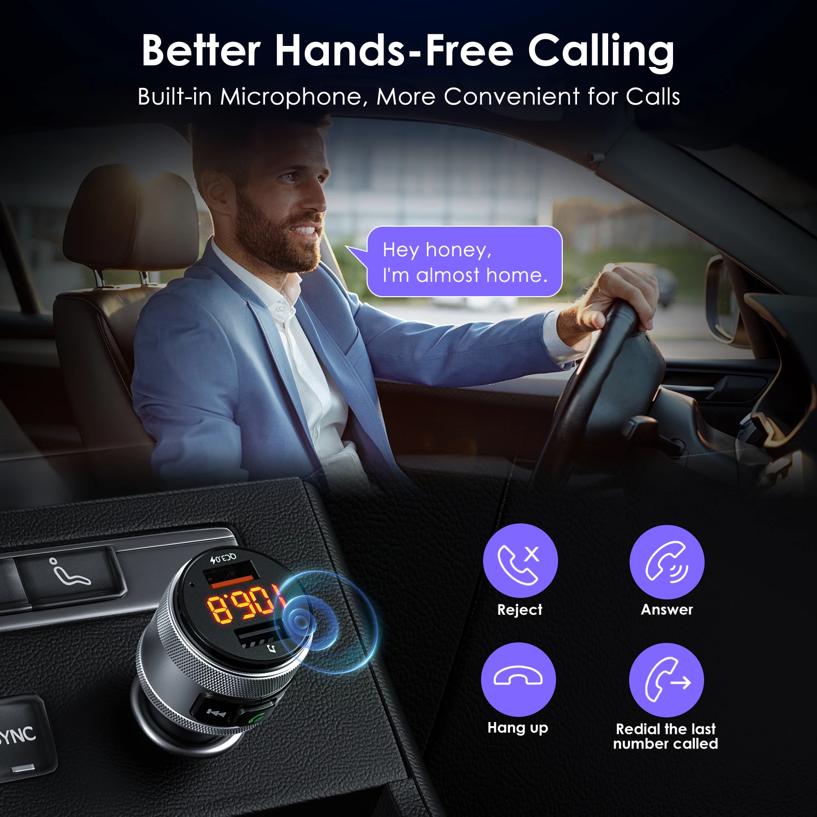 LENCENT Bluetooth 5.0FM Transmitter with 2 USB Ports 3.0 Wireless Bluetooth FM Radio Adapter Music Player for Car Kit