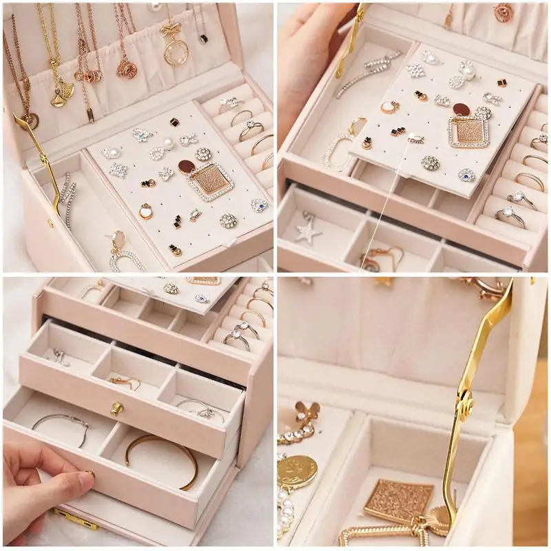 Women Jewellery Storage Box PU Leather 3 Layers Jewelry Organizer Box With Ergonomic Handles Home Jewelry Case For Necklace