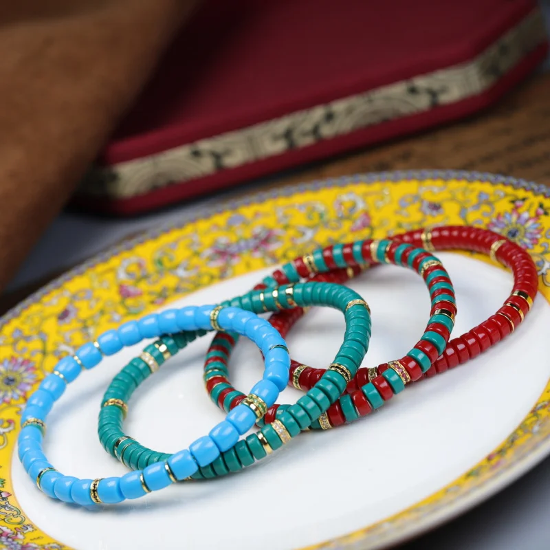 High-quality porcelain turquoise colored diamond bracelet for men and women, straight-cut tablet design, collectible gift, singl