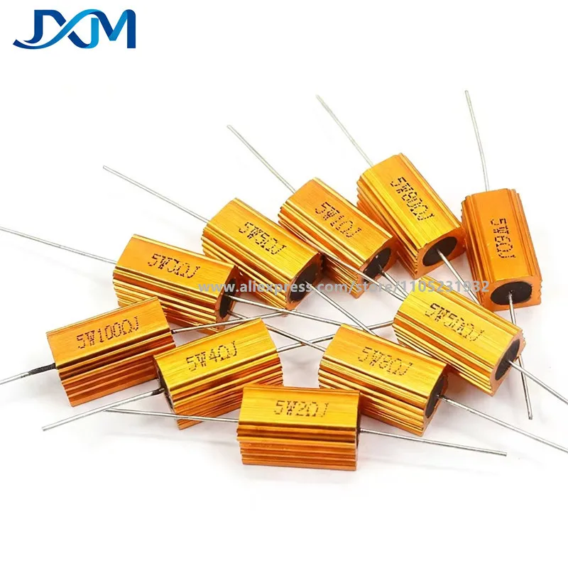 2pcs/lot RX24 5W Gold aluminum shell Resistor 0.1R 0.22R 1R 1.5R 2R 10 12 15 33 47 75R 100 120R 200R 470 680R ohm 1K 10K power