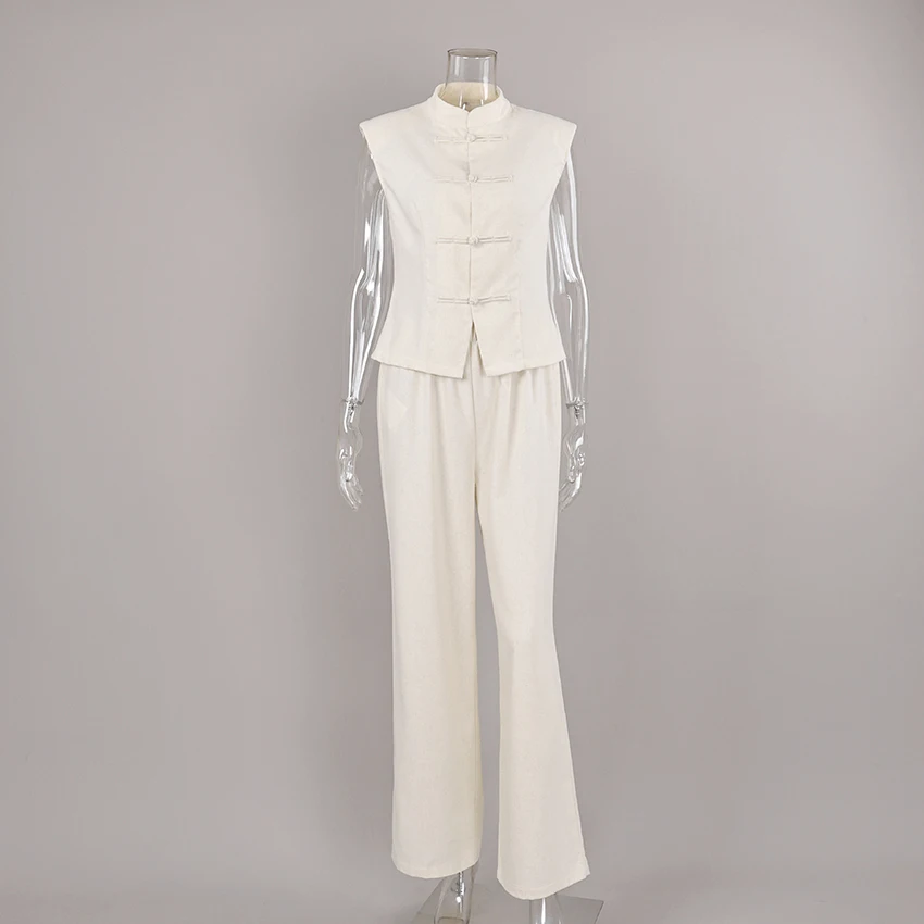 Khaki Cotton Linen High Waist Pants and Vest Set