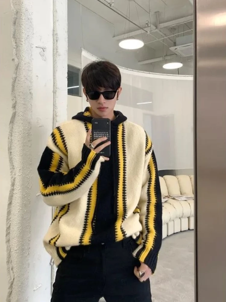 

Hoodies Men's Knit Sweater Loose Fit Jumpers Y2k Top Long Sleeve Knitwear Korean Style Woven Cheap Color Blocking Pullovers Male