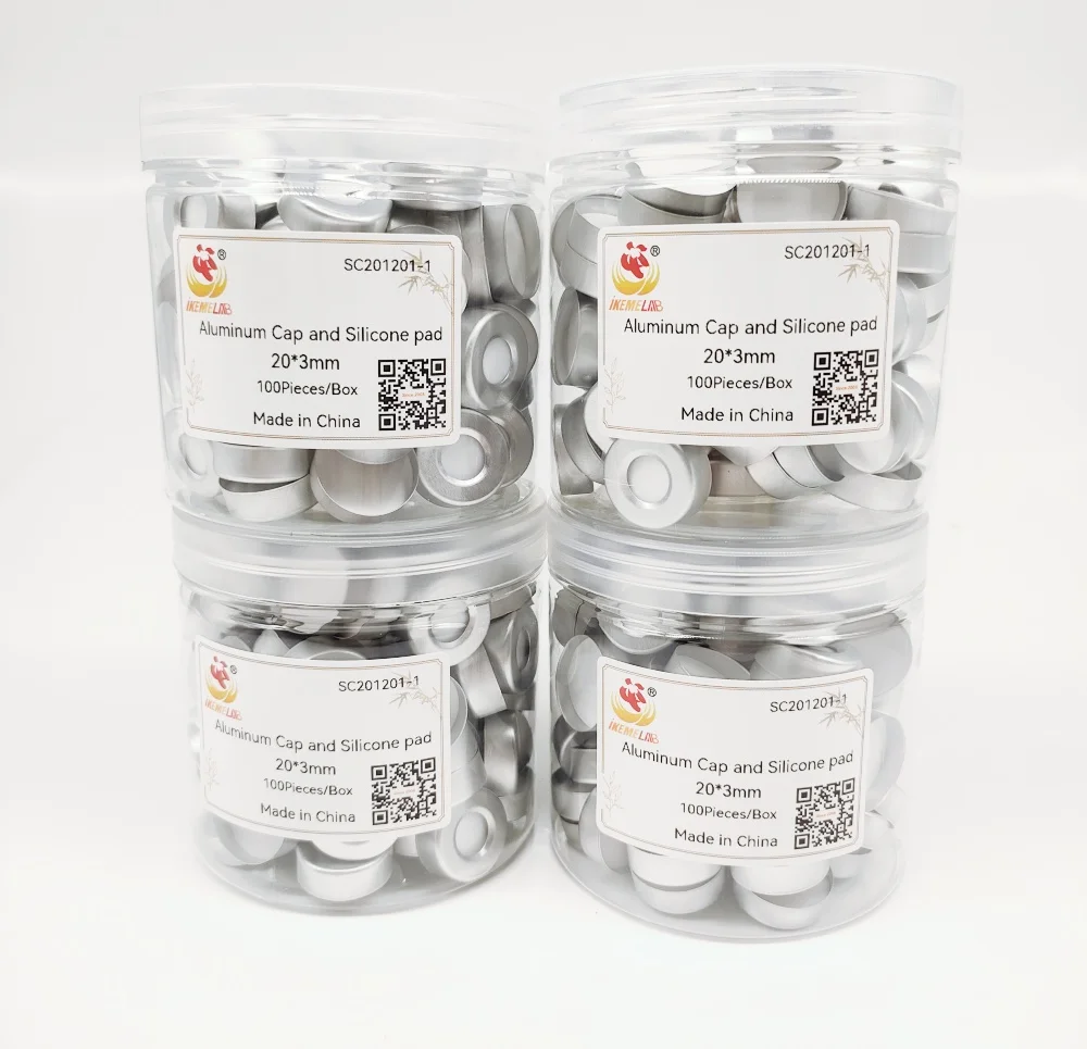 IKEME 100 Pieces 20*3mm Nature PTFE / Nature Silicone Septa,Crimp top Aluminum Cap,10mm Center Hole For 10ml 20ml Vial