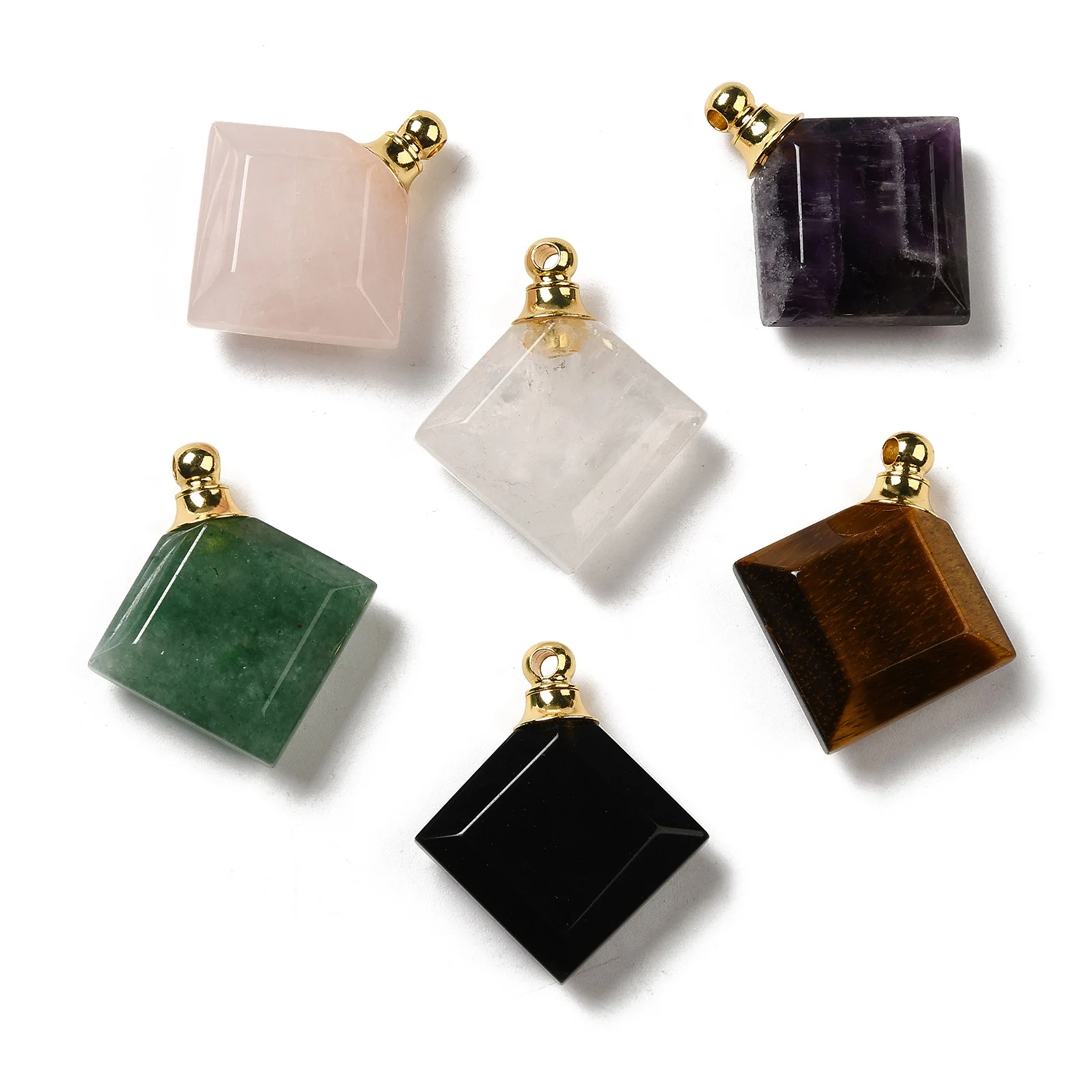 

5Pcs Natural Gemstone Faceted Rhombus Perfume Bottle Pendants Essential Oil Diffuser Charm Amethyst Obsidian Pendant DIY Jewelry