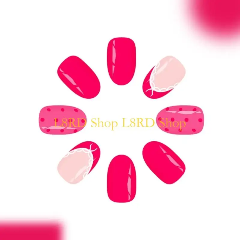 L8RD French Manicure Set 24Pcs Pink Polkas Dot Art With Lace Detail Bows Embellishments