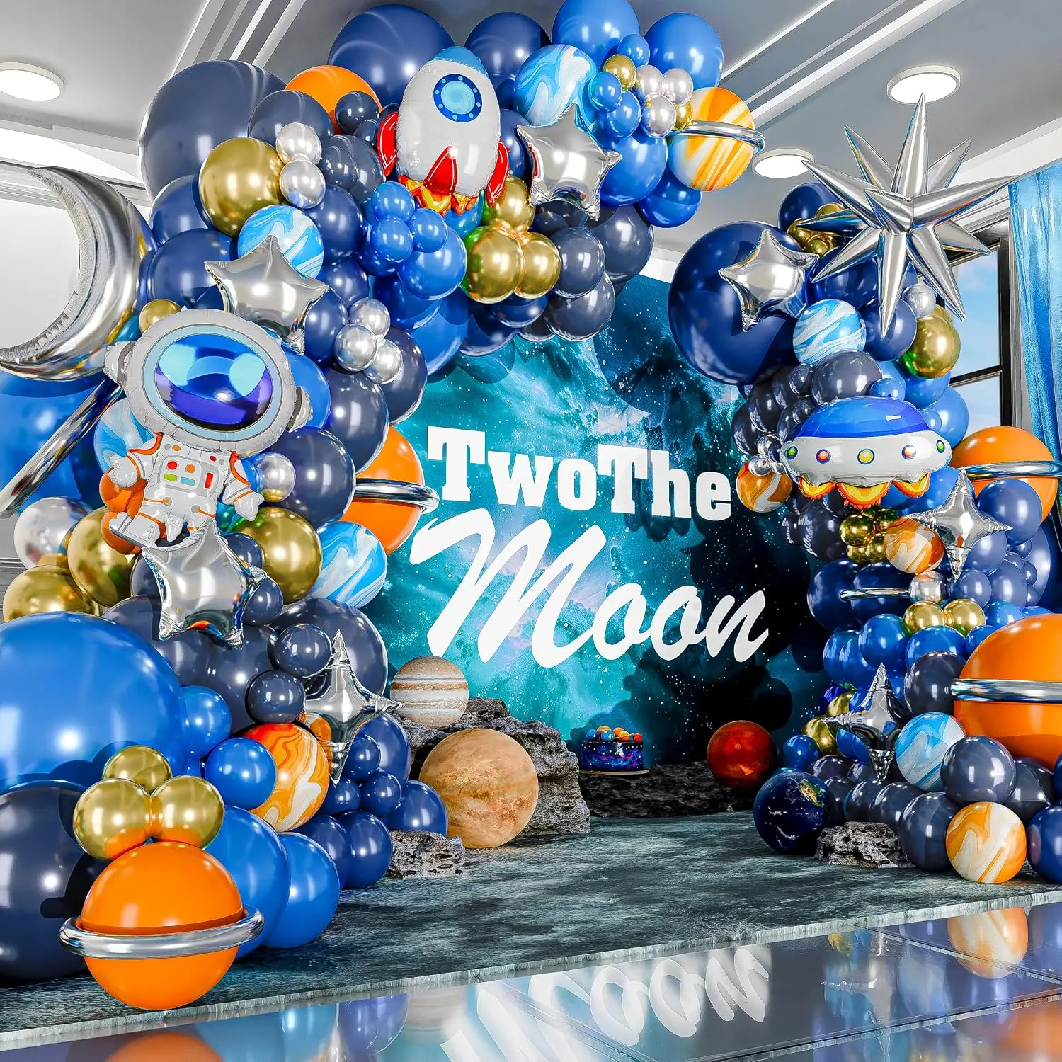 The Outer Space To The Moon Blue Orange Grey Astronaut Rocket UFO Balloon Garland Arch Kit for Galaxy Birthday Party Decoration - view 4