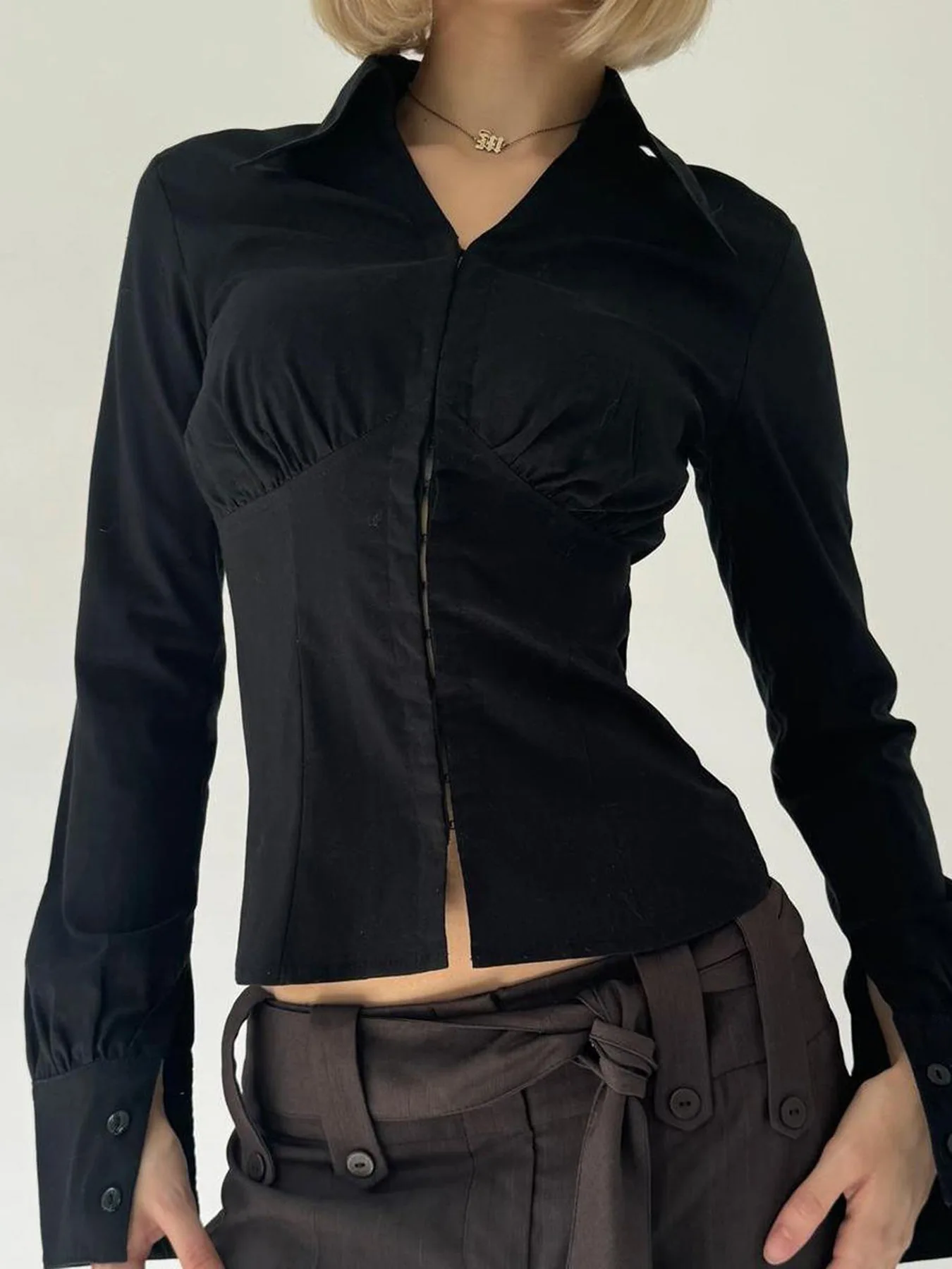 

New pleated chest hook loop cardigan long sleeved turn-down collar spicy girl waist cinching shirt