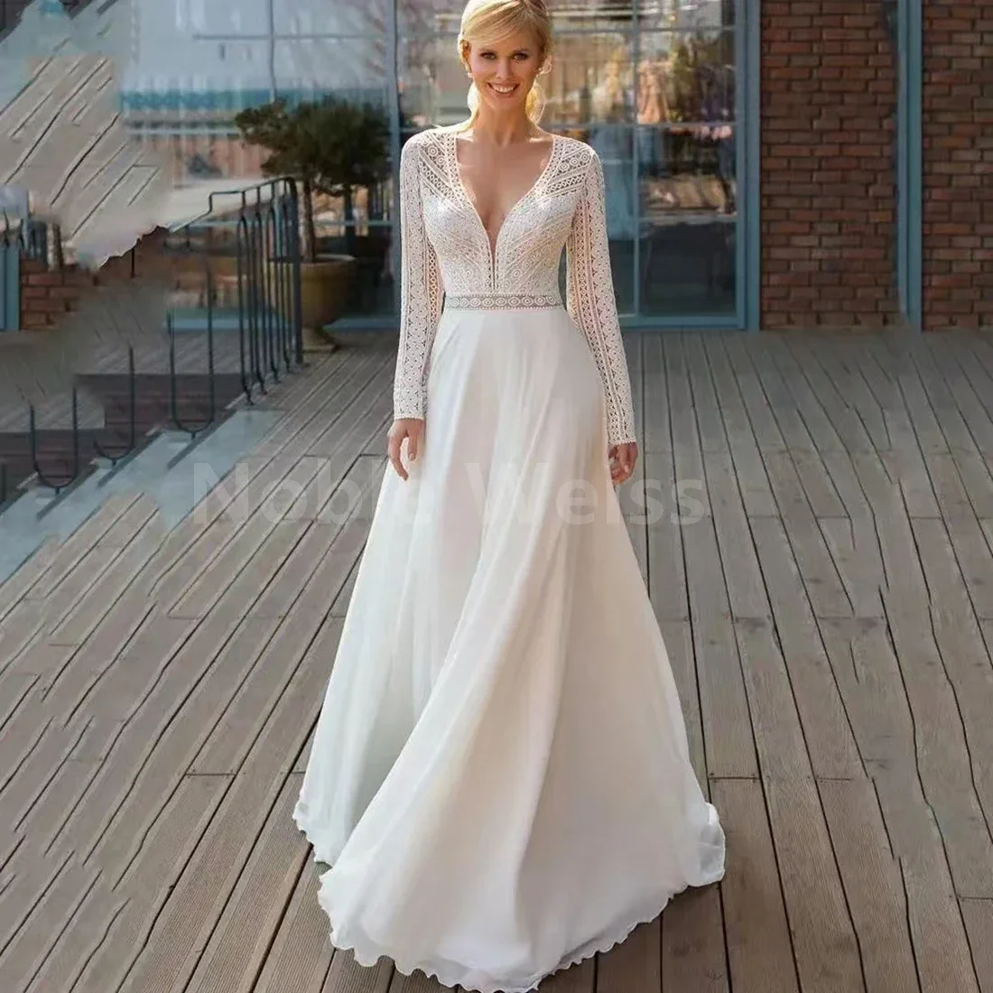 

Elegant Chiffon V-Neck A-Line Lace Wedding Dress with Long Sleeves Customized
