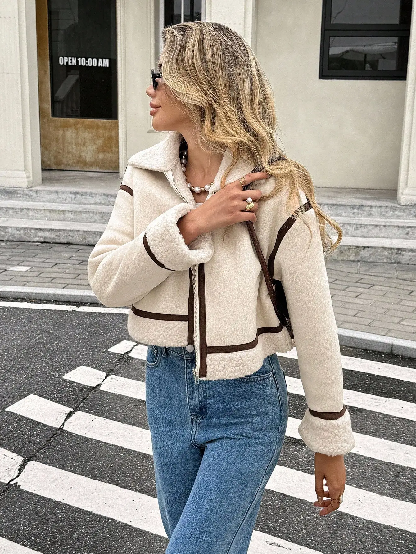 

Women's Faux Suede & Sherpa Lined Jacket with Contrast Trim, Casual Autumn Winter Outerwear