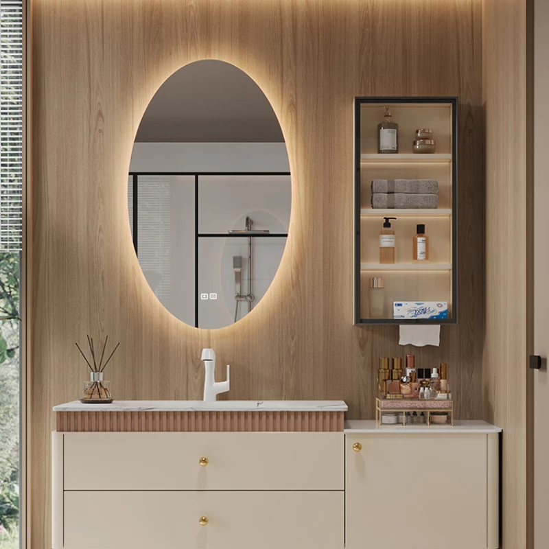 

High end rock panel hot bending integrated basin bathroom cabinet, solid wood baked paint bathroom washbasin, cabinet