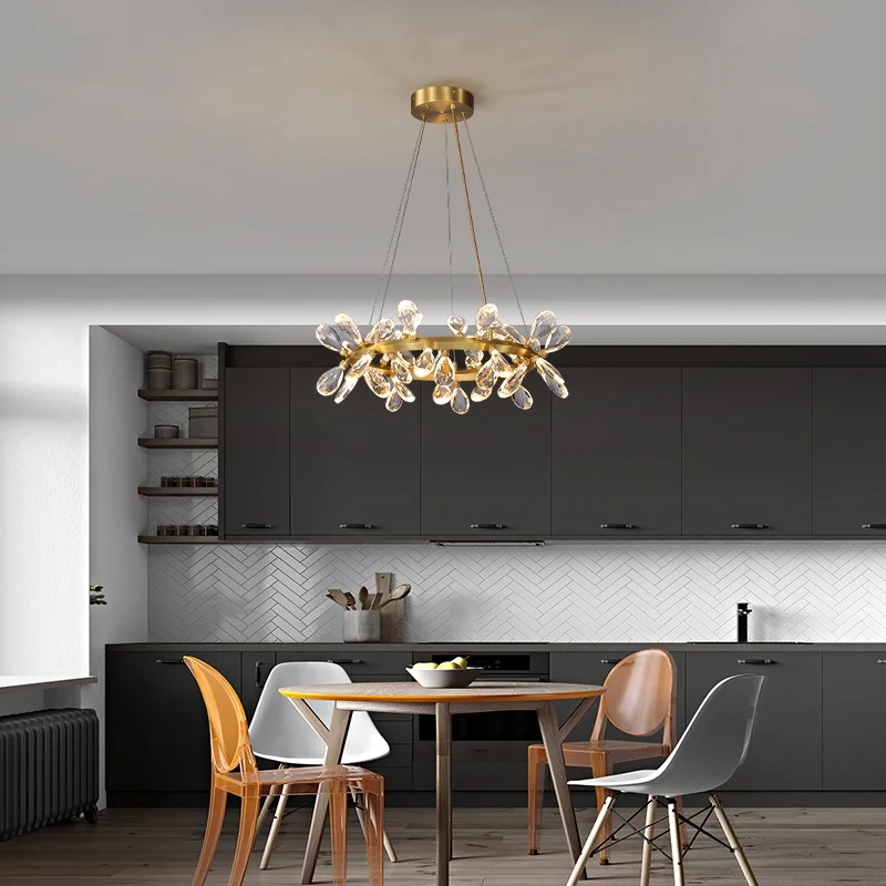 Nordic Crystal Copper Pendant Light Luxury Round Chandelier for Living Room Dining Room Halls Villa Bedroom Led Hanging Lamp