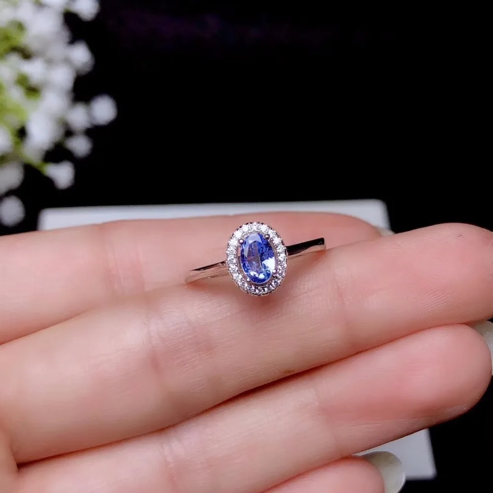 100% Cincin Batu Permata Tanzanite Alami 925 Perak Sterling, Potongan Oval Pertunangan Pernikahan Wanita Modis 6X4 Mm