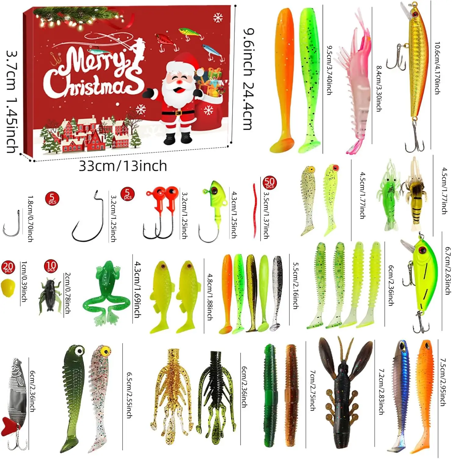 クリエイティブなクリスマス到着ミックスベイトフィッシングルアーセット、ミノボクライミンググリッターソフト＆ハードベイトフィッシュフックブラインドボックスセット付き