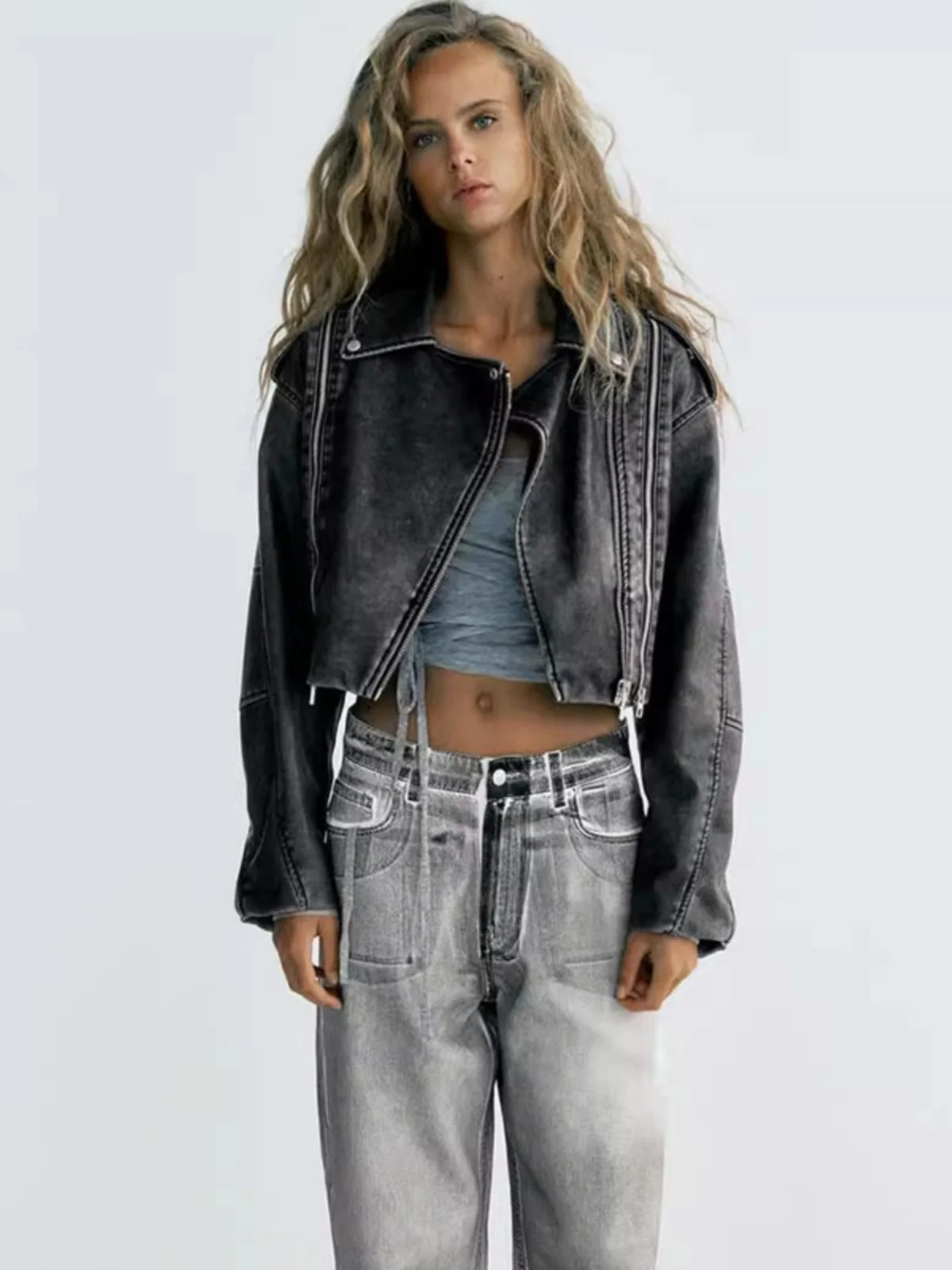 Sli usado em couro-look motociclista jaet feminino ort outerwear rua sle cor pura outono faion 2023 ajuste solto