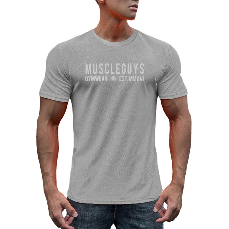 

Muslce Guys Bodybuilding Casual Shirts Gym Fitness Sport Short Sleeves Clothing Summer Mesh Breathable Quick Dry Mens T-shirts
