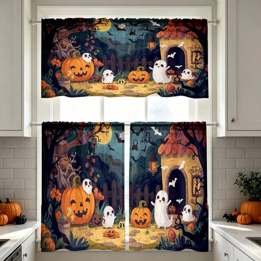 Halloween Fall Kitchen Curtains, Forest Haunted Ghost, Digital Print, Kitchen Dining Room, Rod Pocket Polyester, Home Decor