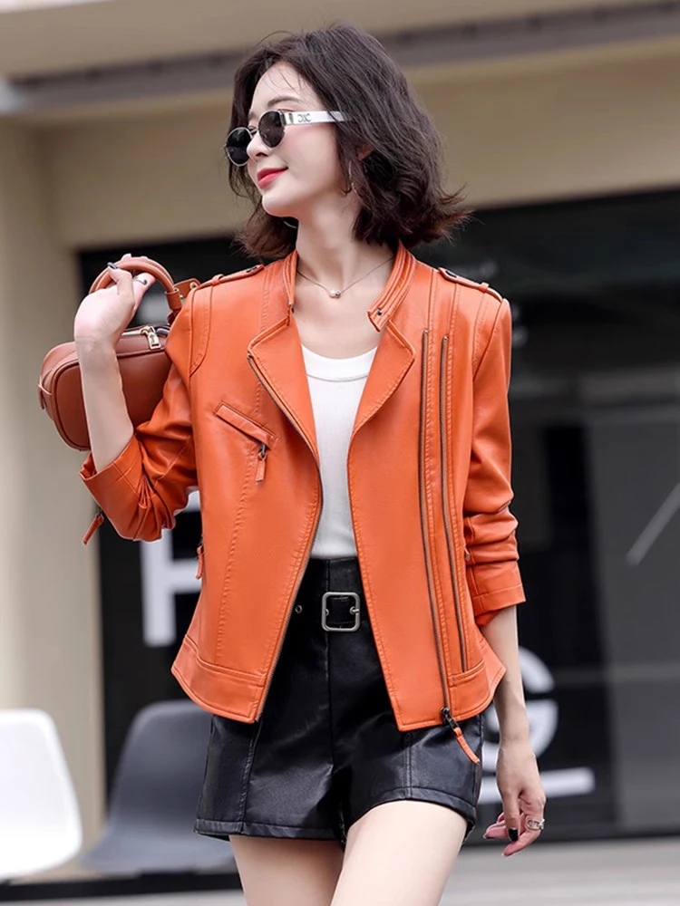 New Women Spring Autumn Motorcycle Leather Jacket Fashion Small Stand Collar Slim Short Biker Coat Casual Split Leather Jacket