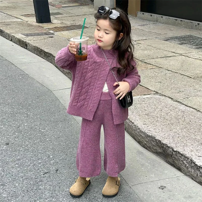 Girls Coat +Pants Kids Suits 2PCS/Set Cotton 2024 Rose Knitting Spring Autumn Cotton Tracksuit Sport Suits Children Clothing