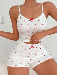 Spring Summer Sleepwear for Women Pajamas Heart Print Casual Backless Crop Cami Top & High Waist Skinny Shorts Set Loungewear