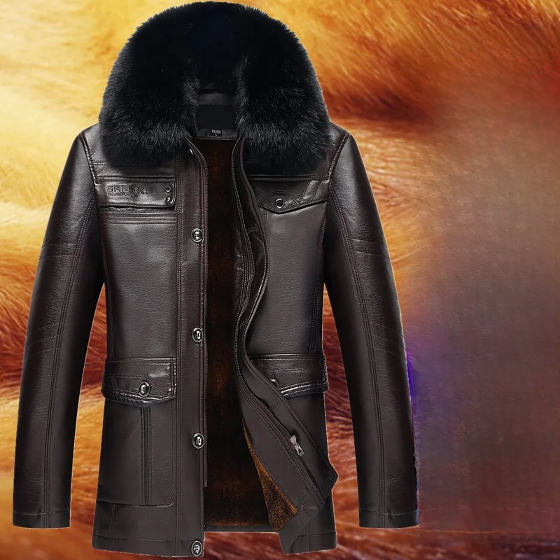 

Новое зимнее мужское кожаное пальто на подкладке Thiened Fce, хлопковая одежда большого размера с воротником, повседневная одежда с животным принтом