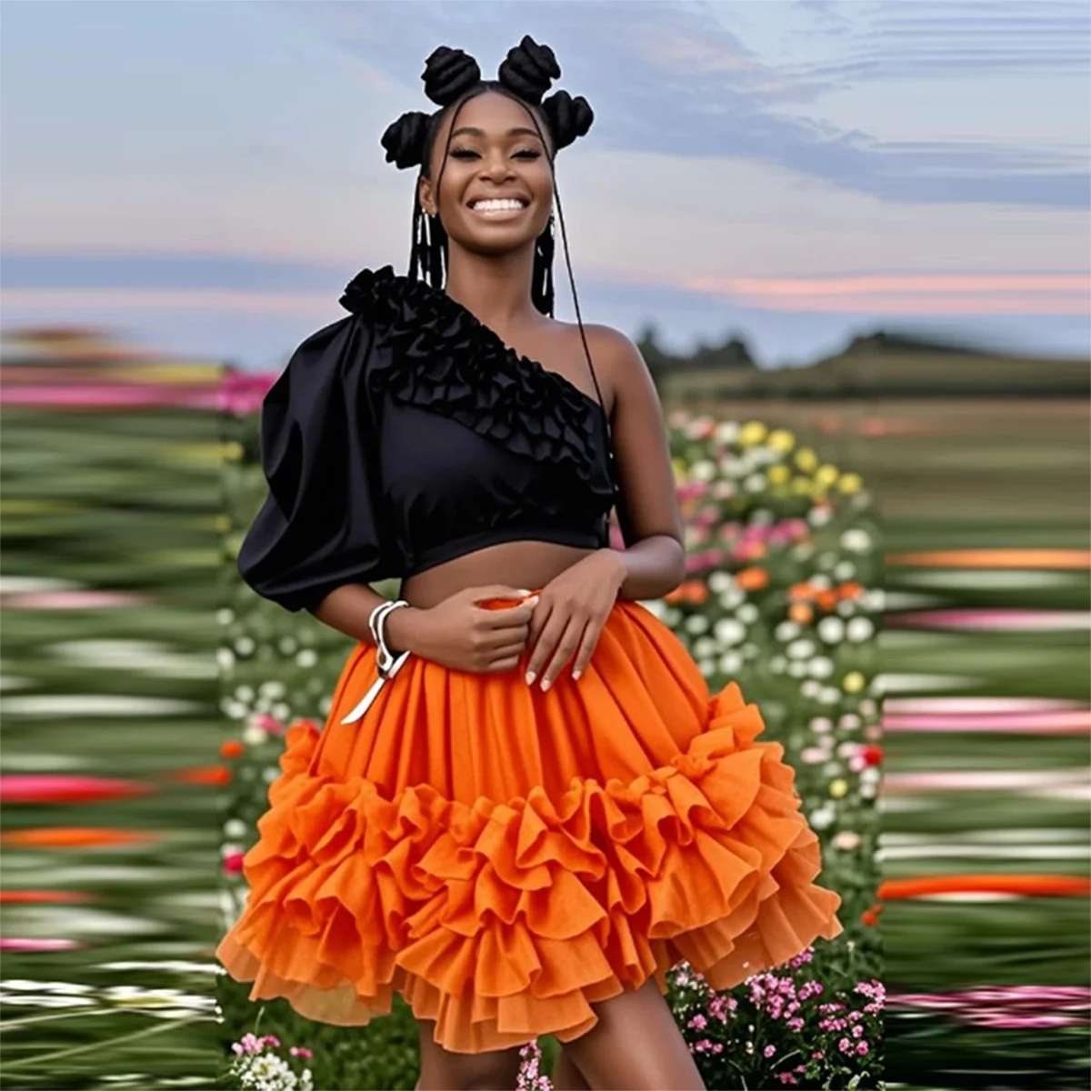 Faldas cortas con volantes naranjas para mujer, ropa Formal para fiesta de boda, cintura elástica por encima de la rodilla, falda naranja