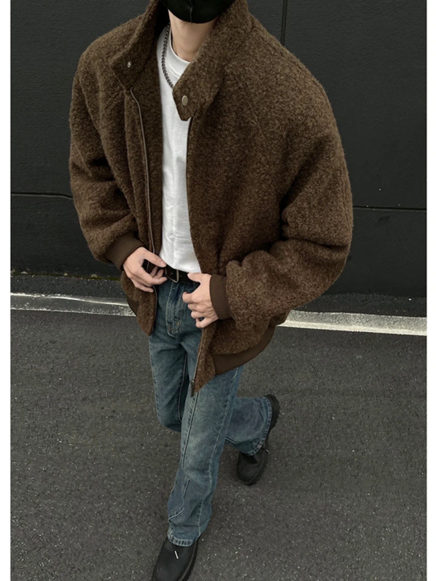 

Korean Sle Men's ort Woolen Coat Autumn Winter High Collar American Sle Workwear Jaet for Teenagers Casual Faion