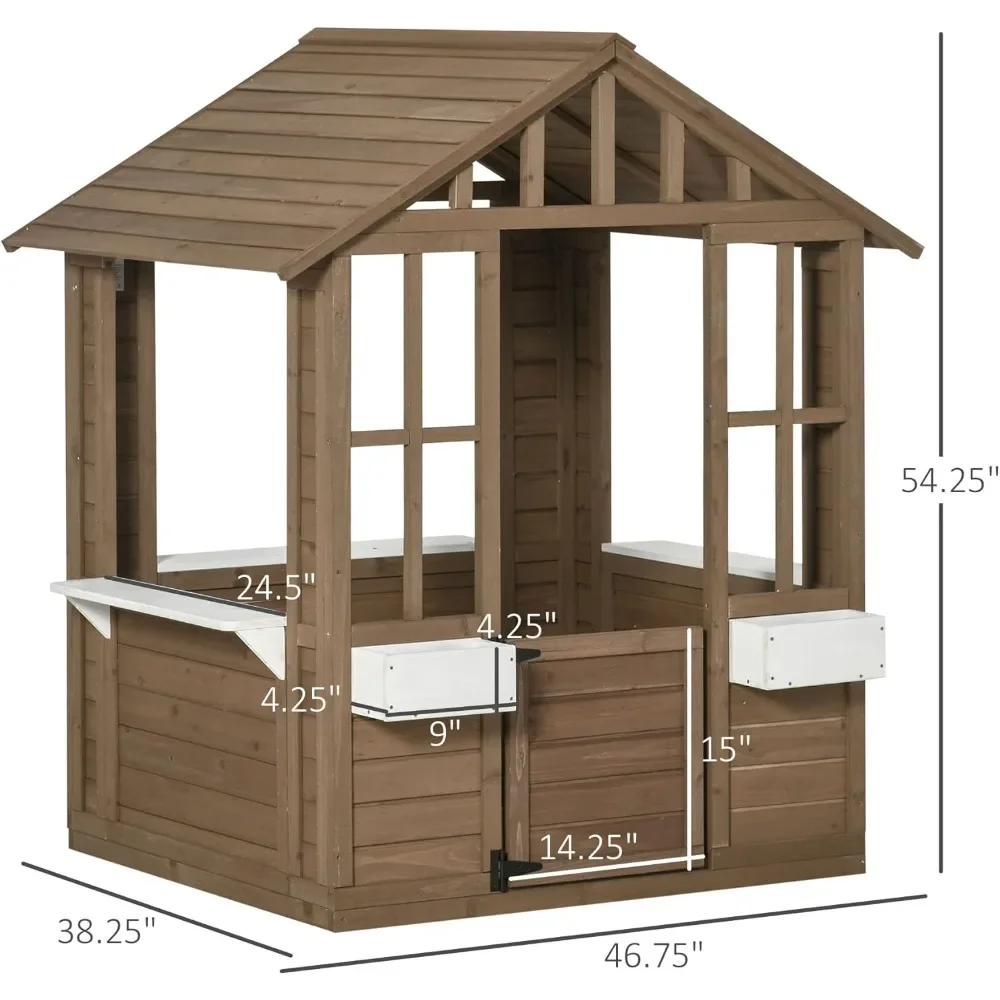 Kids Wooden Playhouse, Outdoor Garden Games Cottage, with Working Door, Windows, Flowers Pot Holder, 47