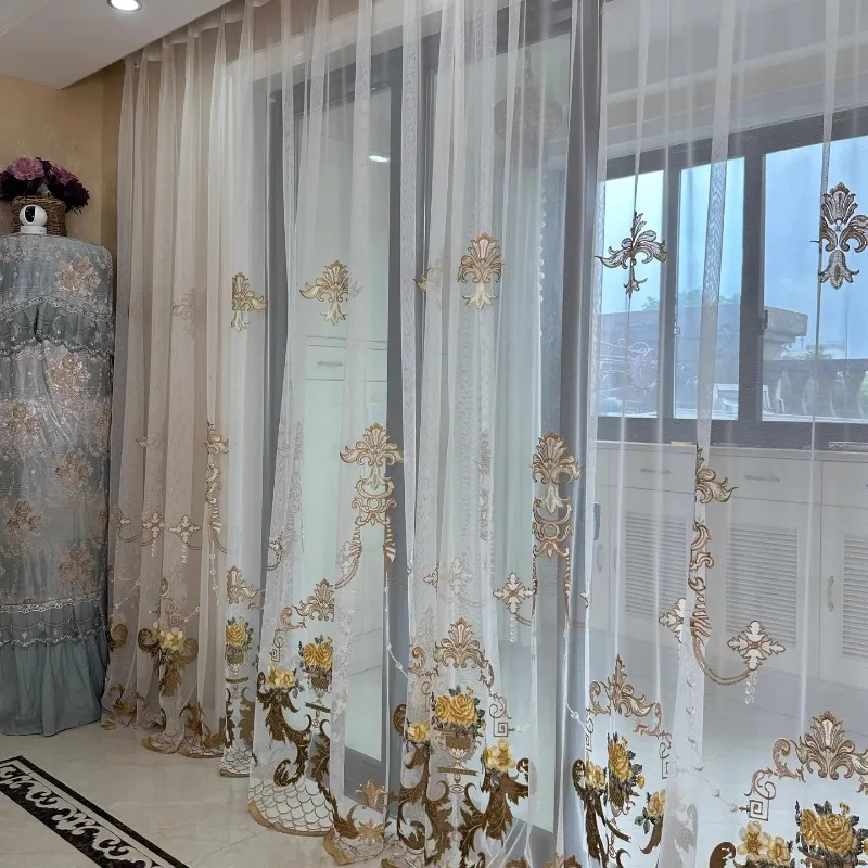 Custom Size European Embroidered Luxury White Tulle Sheer Curtains for Living Dining Room Bedroom Window Decor Lace Fashion