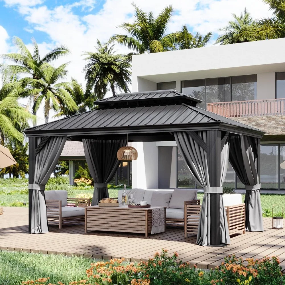 10' X 14' Hardtop Gazebo, Aluminum Outdoor Gazebo with Galvanized Steel Double Roof, Patio Permanent Metal Gazebo Pavilion