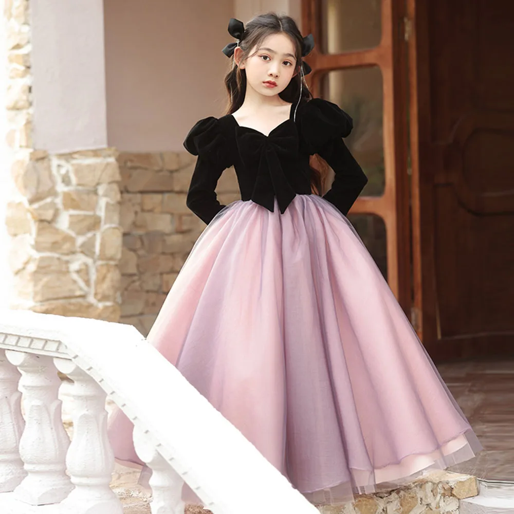 Vestido de princesa clásico elegante para niña 3-9T, estilo de invierno, vestido de fiesta de cumpleaños con mangas de burbuja de tul y terciopelo de retales