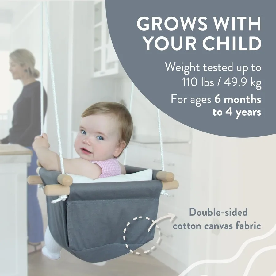 Babyschommel Lichtblauw Binnen Buiten Draagbare Hangstoel voor Baby's Peuters 6 Maanden - 4 Jaar Katoenen Canvas Beukenhout Fra