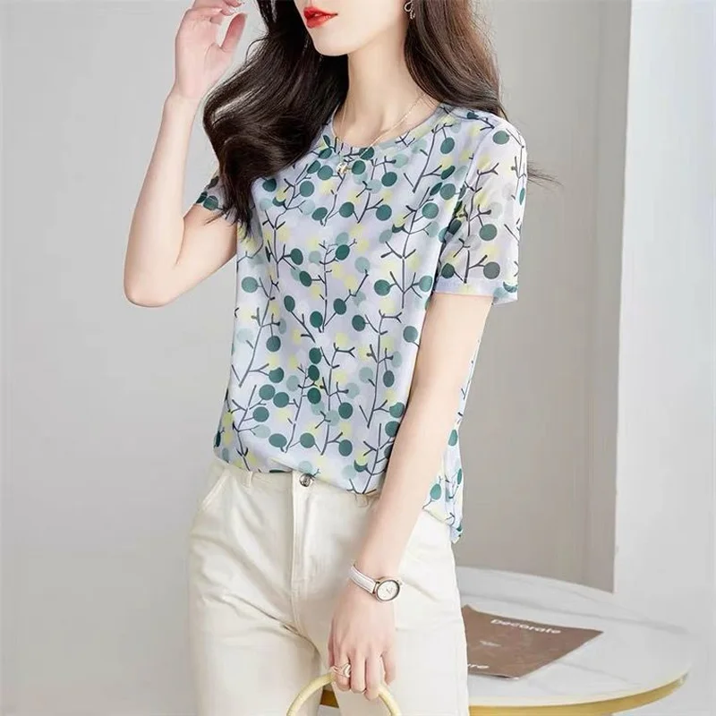 2023 New Summer Fashion Trend Small Fresh Round Neck Print Commuting Simple Casual Loose Versatile Short Sleeve Women\'s Shirt