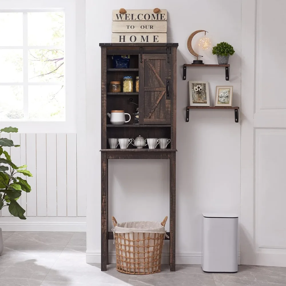 

Farmhouse Over The Toilet Storage Cabinet, 68" Tall Bathroom Cabinet with Sliding Barn Doors & Adjustable Shelves, Dark Rustic