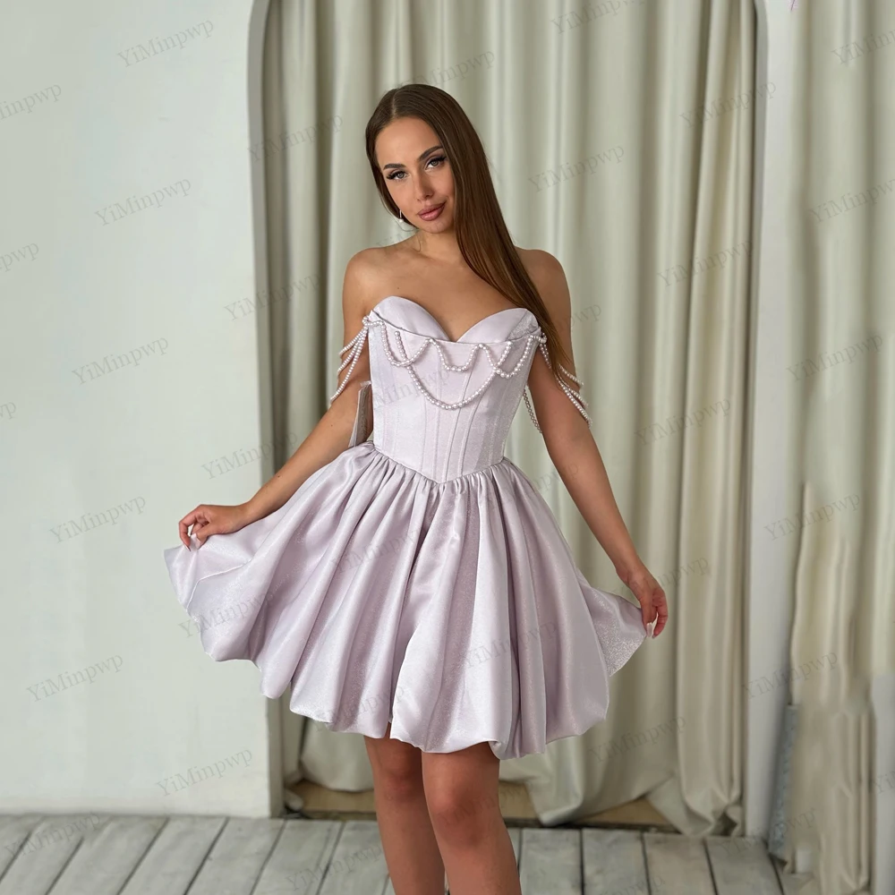 ชุดราตรีไข่มุกเงางาม คอวี ความยาวมินิ ผูกเชือกด้านหลัง ชุดวันเกิด ชุดราตรี สามารถสั่งตัดได้