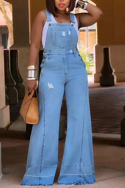 Plus Size Kombinezon damski Denim Kieszenie Kombinezon Rompers Szerokie nogawki Jeans Slim Streetwear Casual Fashion Jumpsuit dla kobiet