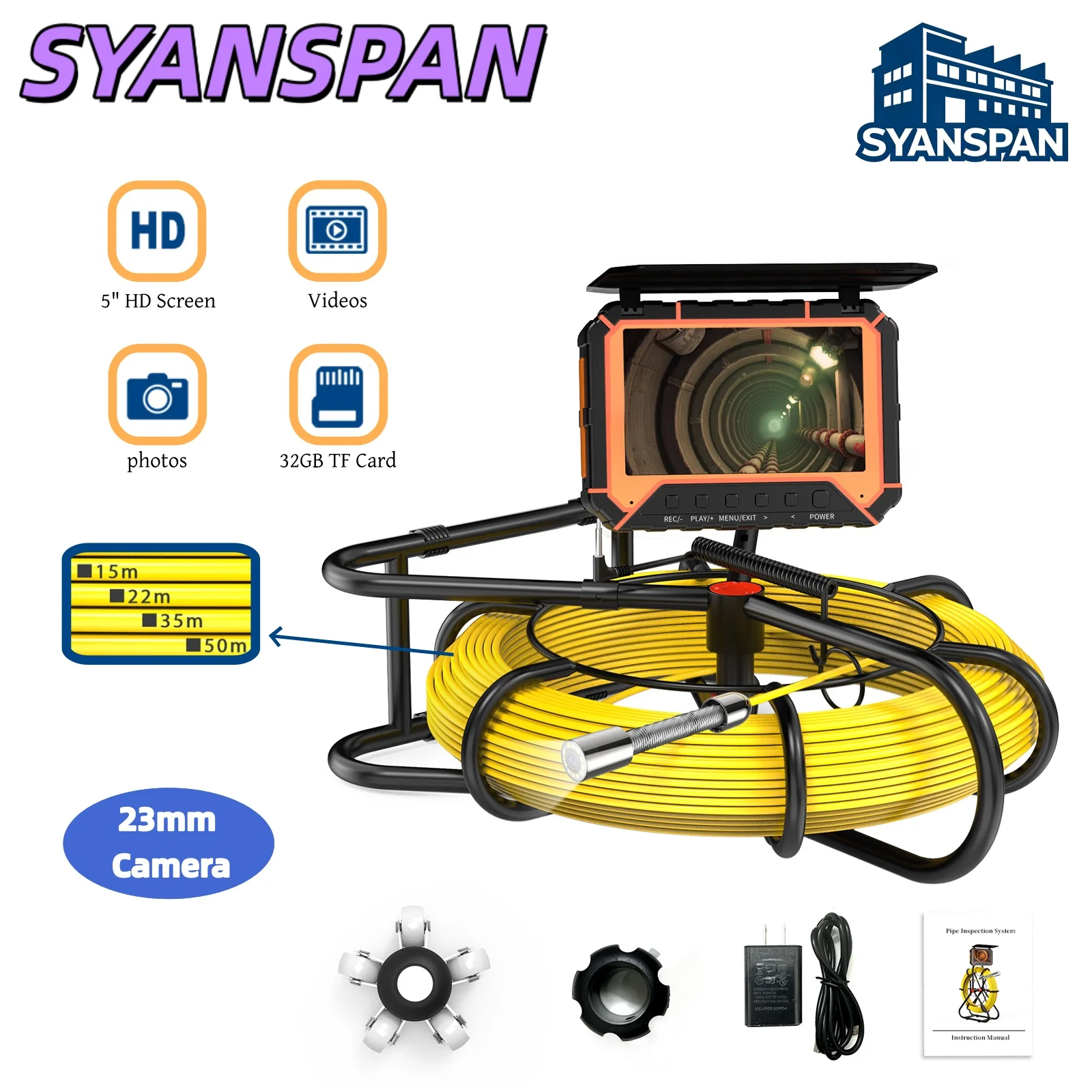 

Pipeline Inspection Camera 5-Inch High-Definition 32GB DVR Industrial Pipeline Endoscope IP68 Waterproof Sewer Camera