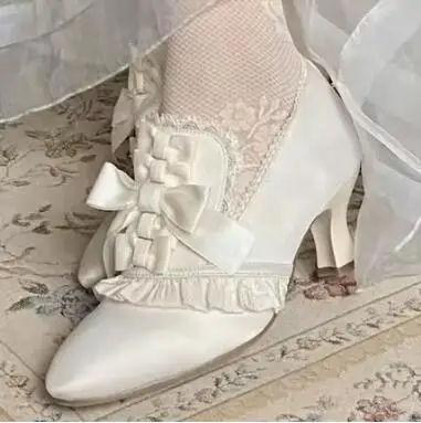 

Women White High Heel Shoes Pink Sweet Bow Lace Decor Lolita Pumps Pointed Toe Party Footwear Ladies Mary Jane Wedding Shoes