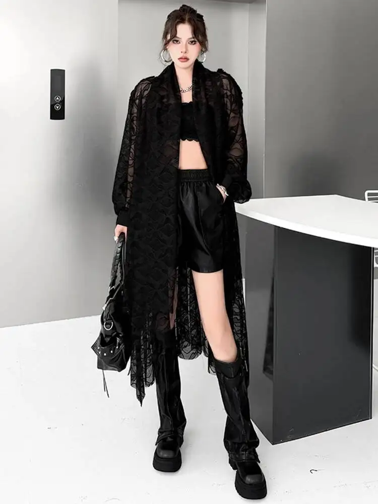 

Women Black Chiffon Irregular Big Size Long Blouse New V-neck Long Sleeve Shirt Fashion Tide Spring Summer