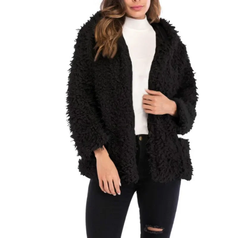 Mantel bulu beruang Teddy Wanita, Luaran lengan panjang halus warna polos, sweater kasual longgar musim gugur dan dingin