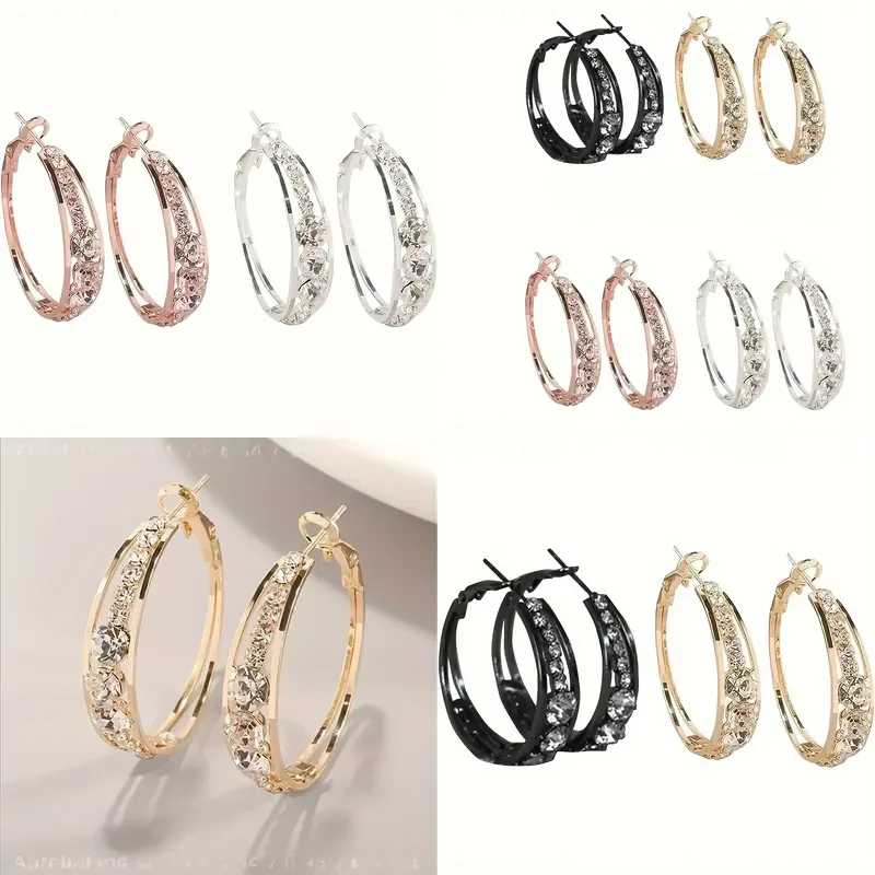 4 Pairs Rhinestone Ladies Earrings Large Circle Fashion Jewelry Exquisite Party Dinner Accessories Elegant Gifts for Women