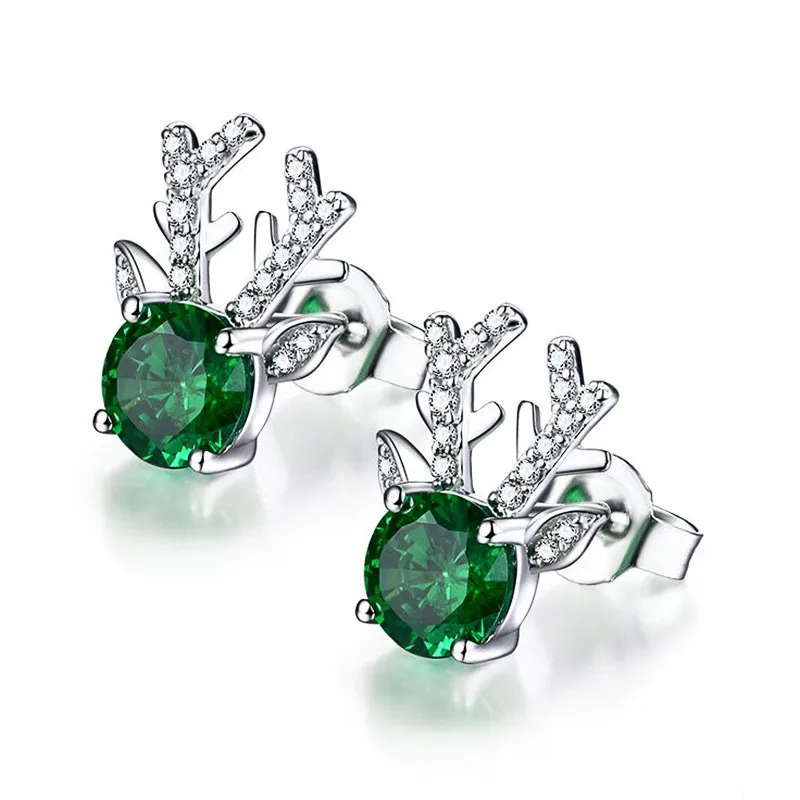 Christmas Green Alter Stud Earrings for Women 925 Sterling Silver Dazzling Cubic Zircon Dainty Elk Earrings Gift Trendy Jewelry